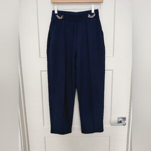Navy High-Waist Trousers with Chain Detail